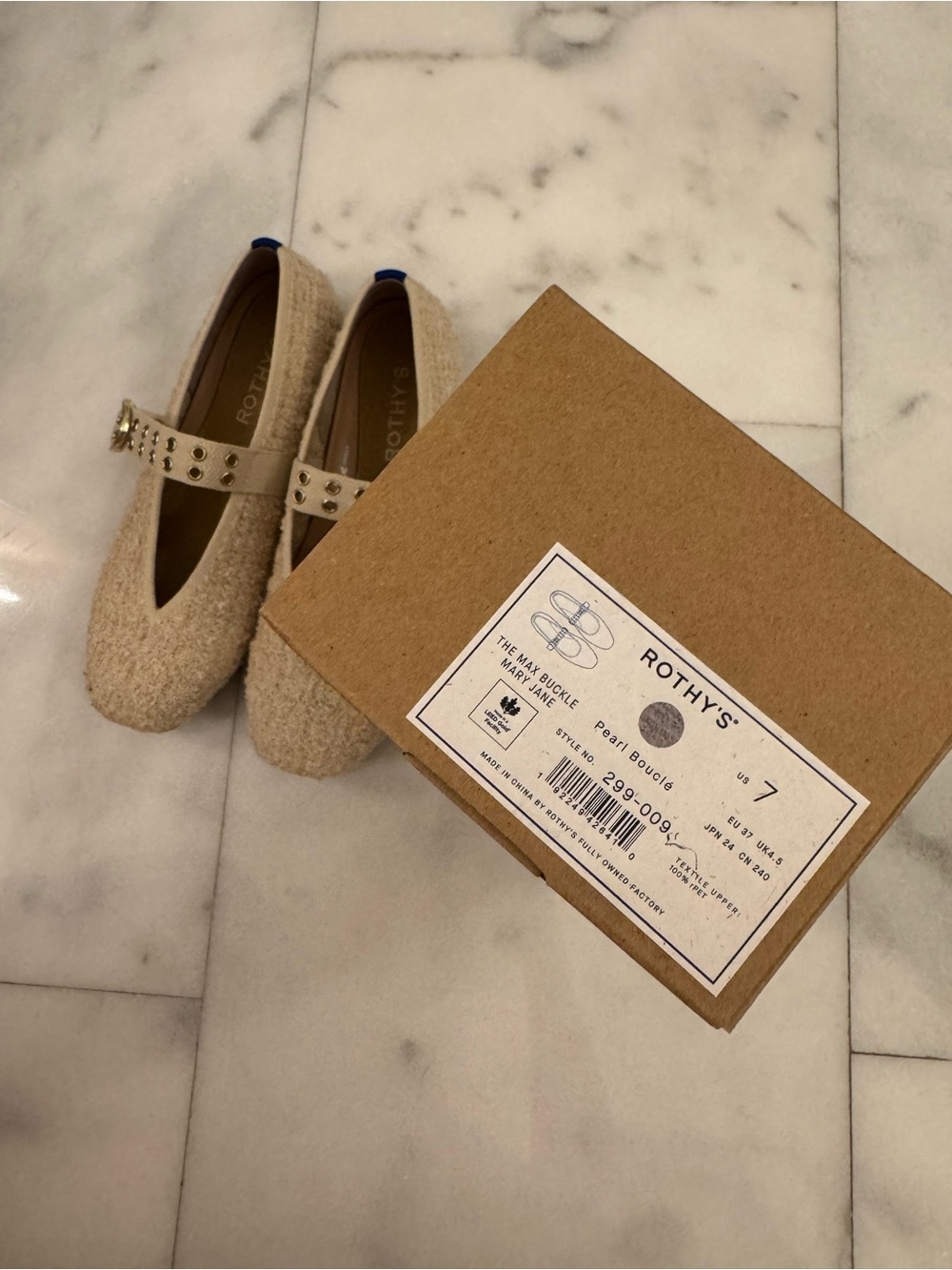 Rothy's The Max Buckle Mary Jane Flats with Gold Buckle Pearl Boucle - Picture 4 of 6